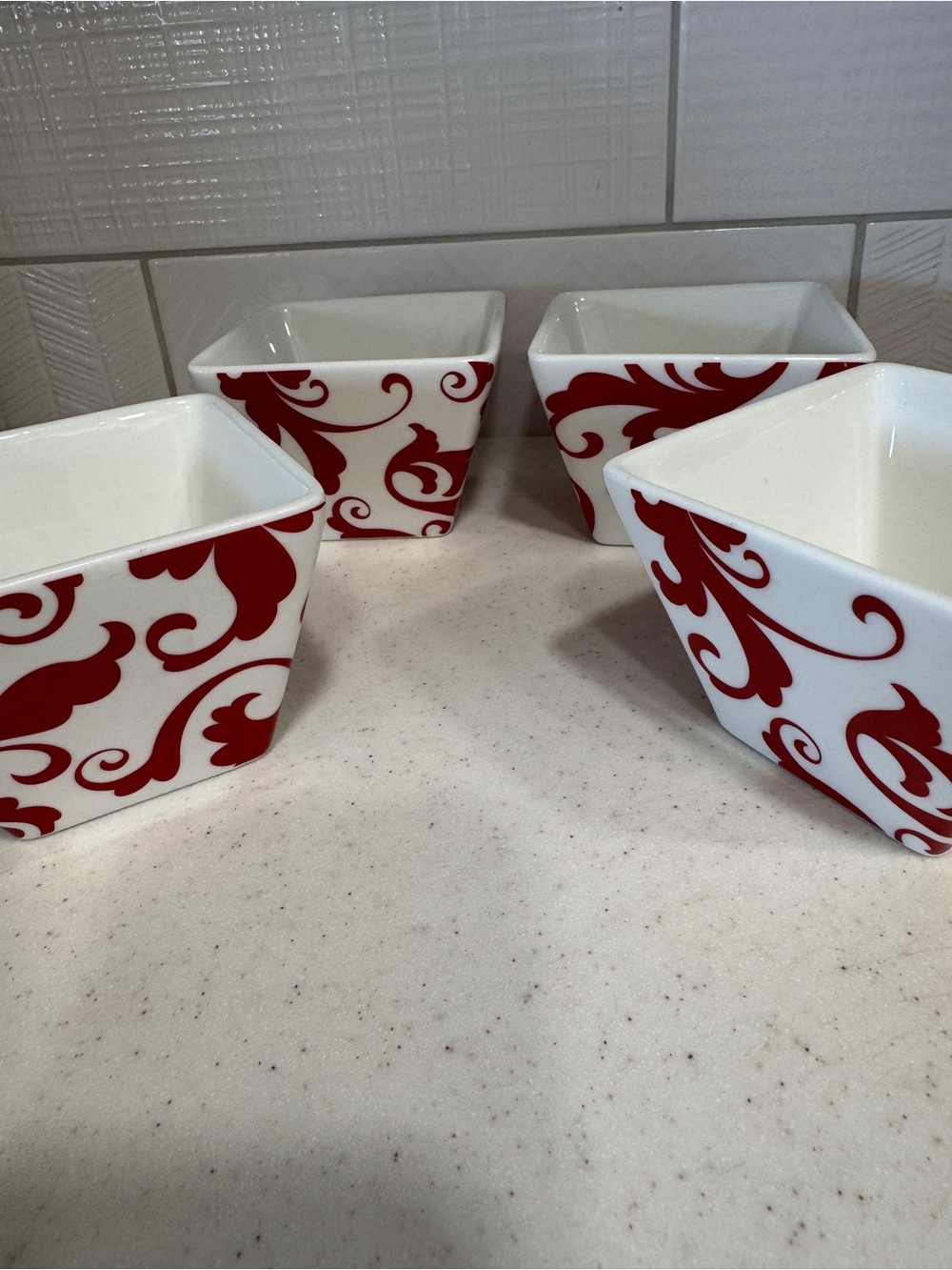 Ciroa Simple Serve 4” Red & White Scroll Design Porcelain Bowls- Set of 4